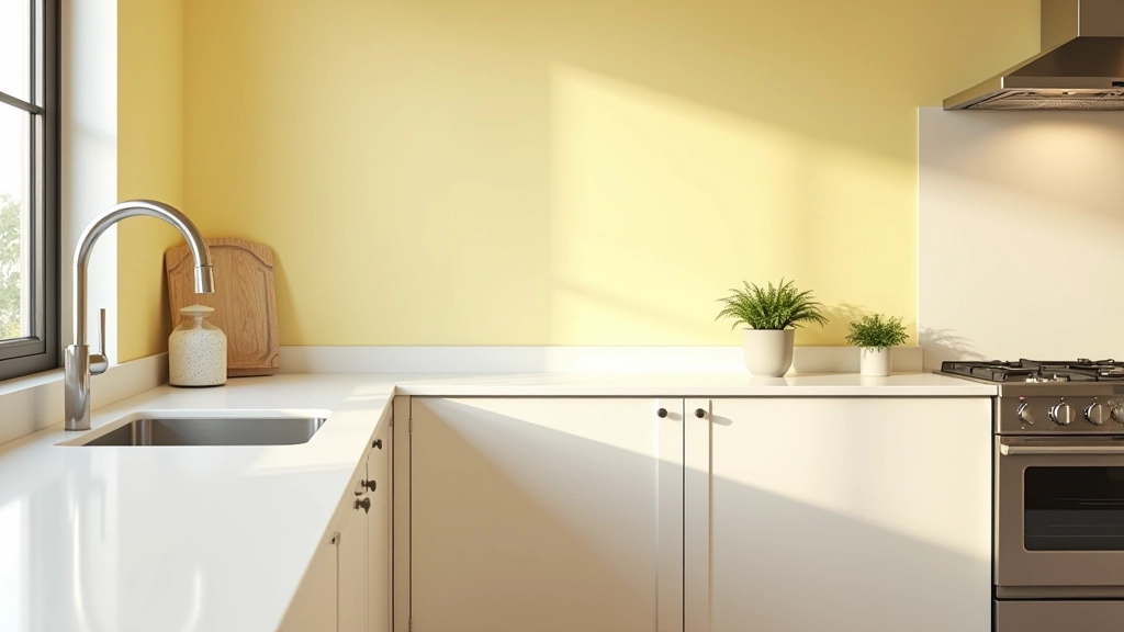 Kitchen with pale yellow walls and white cabinetry showing enhanced natural light reflection during Baltic daytime