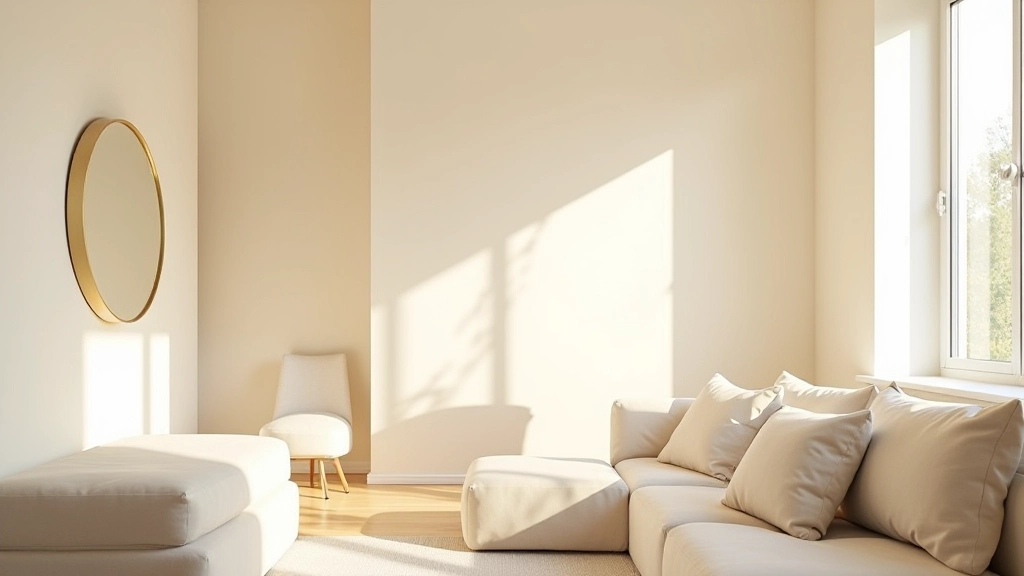 Modern living room with large mirror mounted on wall opposite window, reflecting natural daylight across furniture and space, bright white walls, minimal decor