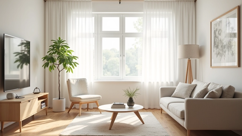 Bright Scandinavian living room with large windows allowing natural daylight, white curtains, minimalist interior design with light wood furniture
