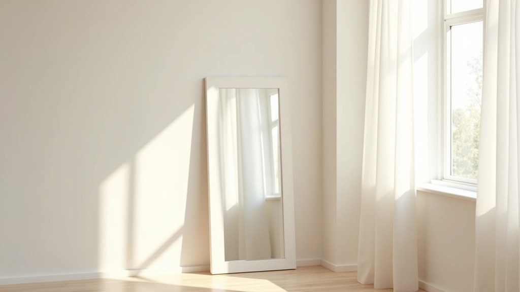 Corner of minimalist room with tall mirror positioned at angle, reflecting bright window light into corner space, white walls creating clean aesthetic