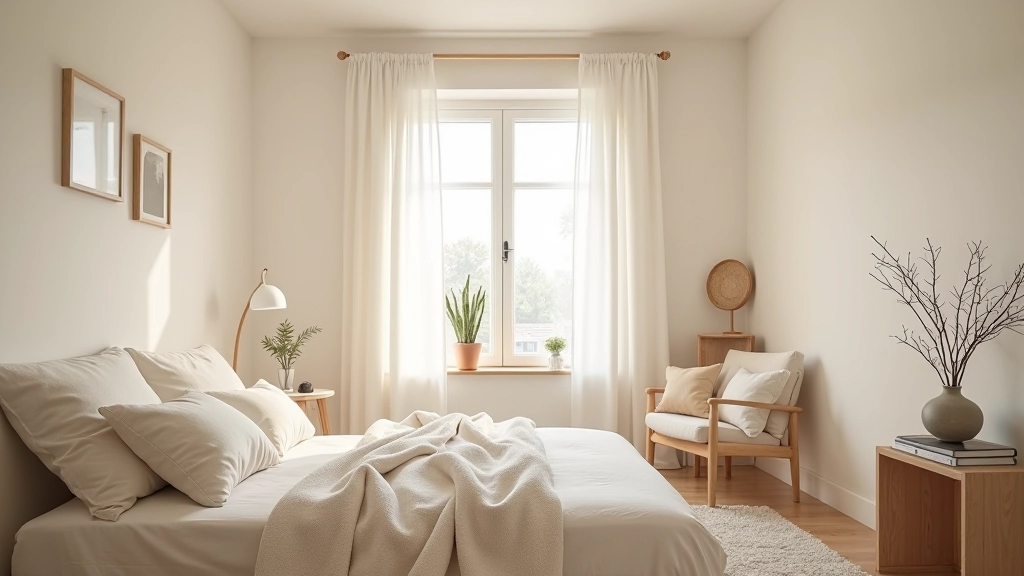 Cozy cream-coloured bedroom in a Latvian home with warm textiles and natural light reflecting off walls