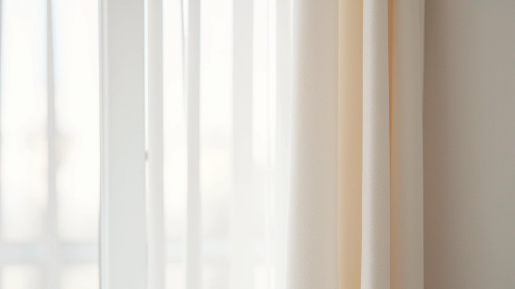 Close-up of different fabric swatches in light colors, sheer and opaque materials side by side, natural window lighting showing light transmission