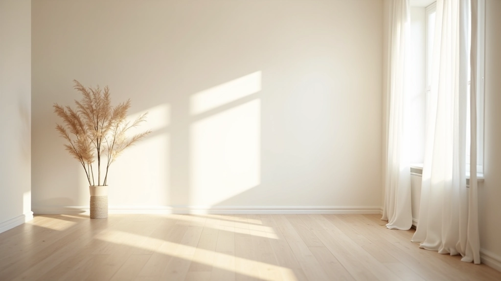 Interior room with light cream and pale yellow walls, white ceiling, natural daylight bouncing throughout space, warm inviting aesthetic, Latvian home design
