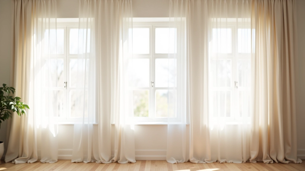 Interior room showing different curtain types side by side: sheer white, semi-sheer cream, and heavy thermal fabric, all hung on same window showing light transmission comparison