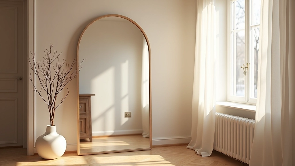 Interior room with large decorative mirrors positioned strategically opposite windows, reflecting natural daylight throughout the space, warm winter lighting, minimalist decor