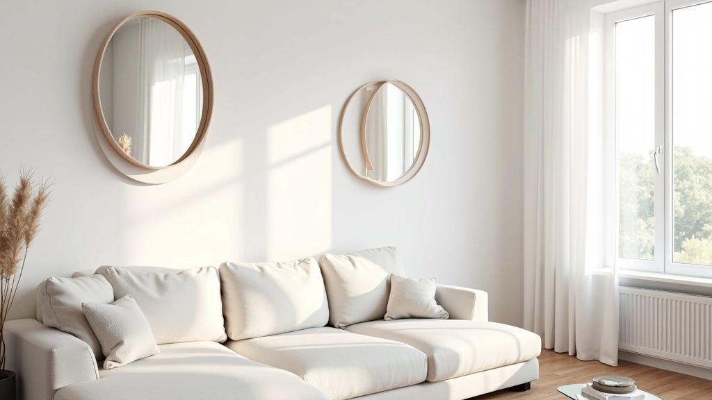 Living room with mirrors reflecting window light, white painted walls, natural daylight creating bright atmosphere, interior design detail