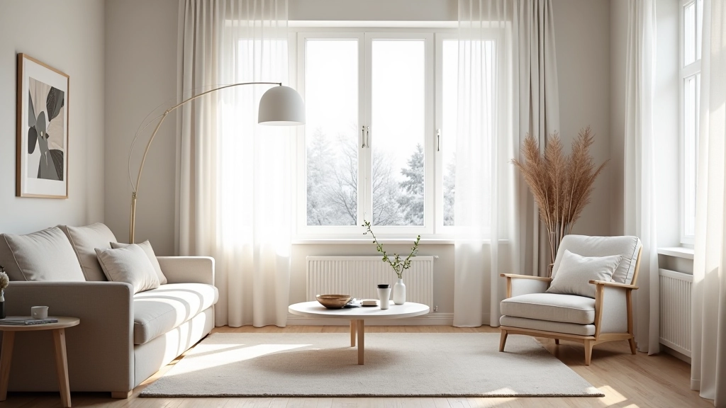 Minimalist Scandinavian interior with open furniture layout, clear sightlines to windows, unobstructed natural light path through living space