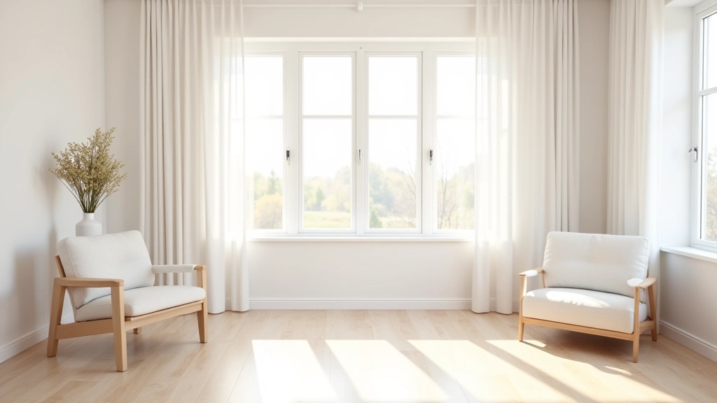 Modern Latvian interior with large windows, natural daylight, minimalist Nordic design, wooden floors and light-colored walls