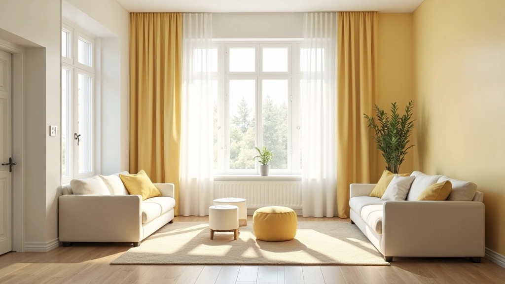 Modern Latvian living room with light-reflective cream and pale yellow wall colours and natural daylight from large windows