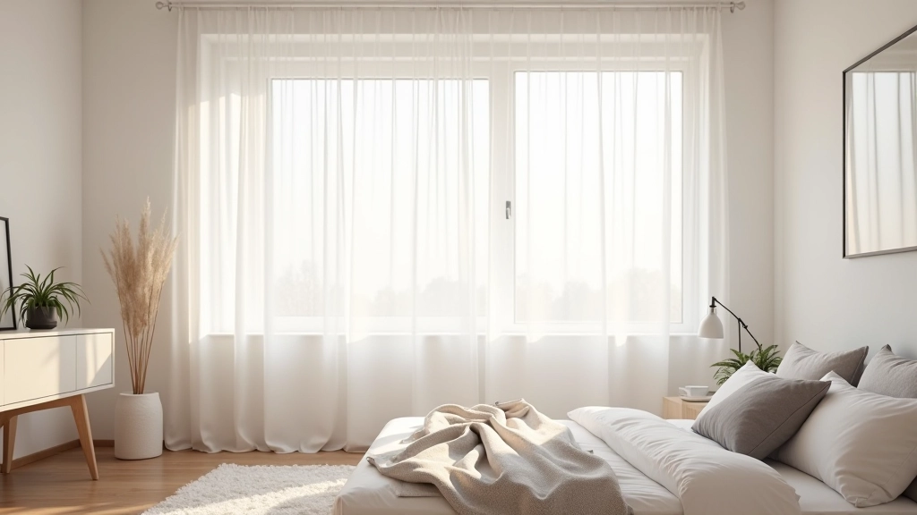 Modern Nordic bedroom with large window and light curtains, natural daylight streaming in, minimalist interior design