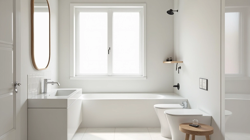Scandinavian-style bathroom with pale grey walls and white fixtures, demonstrating light reflection and minimalist design