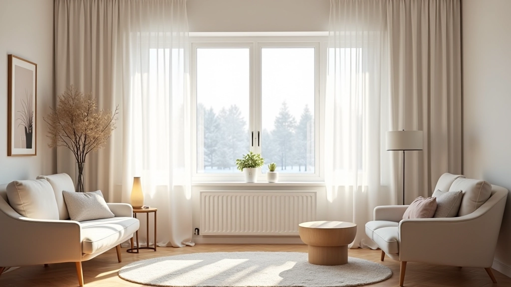 Modern Scandinavian living room with large south-facing windows, minimal furniture arrangement, bright natural winter daylight streaming through clean glass, wooden flooring