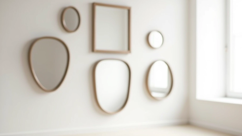 Collection of different mirror shapes and sizes arranged on white wall, round square rectangular styles, showing scale and proportion options