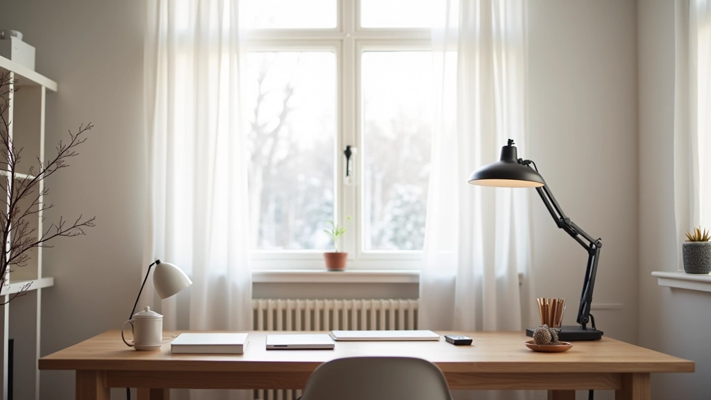 Winter home office workspace with natural light, desk by window, comfortable seating area, warm winter atmosphere